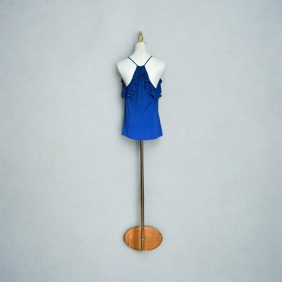 Express Womens Ruffled Halter Top S Blue 100% Lightweight Beaded Summer Party - Picture 2 of 6